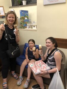 Gluten-Free Traveling Trio Family in Rome eating gluten-free gelato (with cone) from Grom gelateria