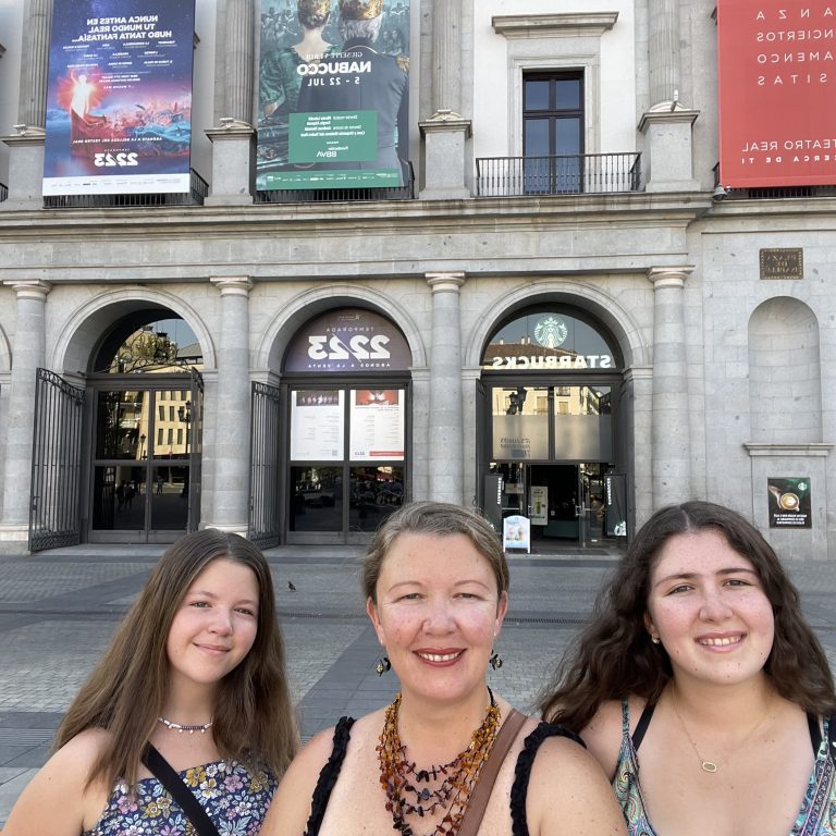 Traveling Trio Family in Opera in Madrid, Spain