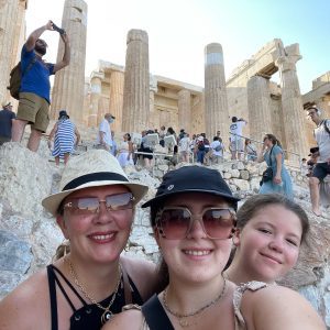 Traveling Trio Family exploring Athens Acropolis, Greece