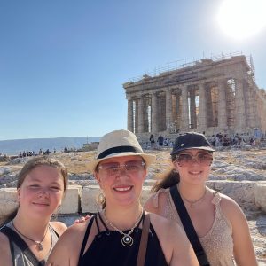 Traveling Trio Family exploring Athens Acropolis, Greece