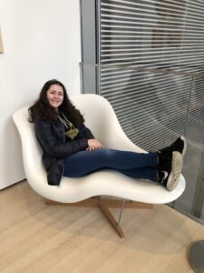 Gluten-Free Traveling Trio Family in New York trying out ergonomic chair