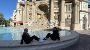 Gluten-free Traveling Family Trio taking picture by "Trevi Fountain" in Las Vegas, Nevada