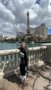 Gluten-free Traveling Family Trio taking a picture by Paris Hotel, Las Vegas, Nevada